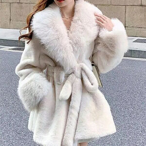 White Casual Women's Long Sleeve Faux Fur Collar Tie-Waist Faux Fur Jacket